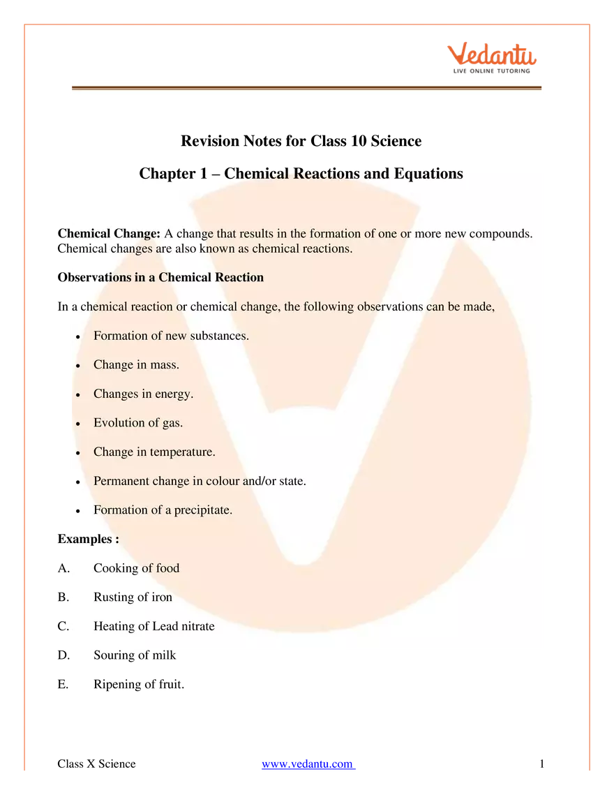 Chemical Reactions And Equations Class 10 Science Notes - Page 1