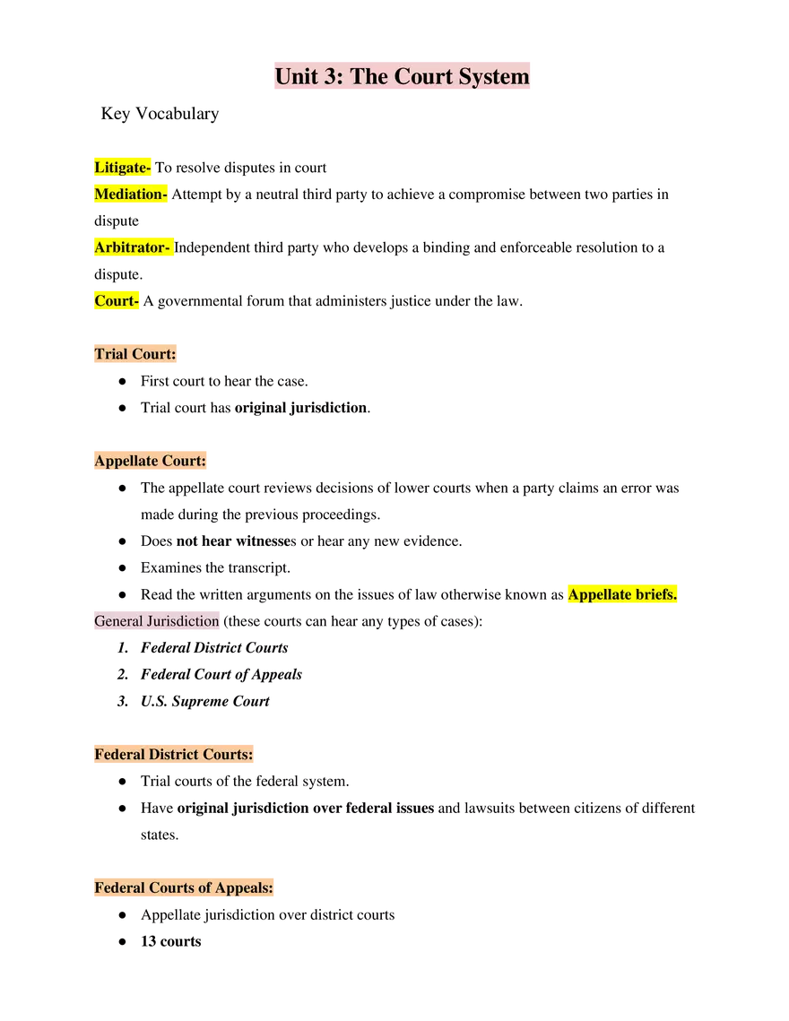 Business and American Law Unit 3 The Court System - Page 1