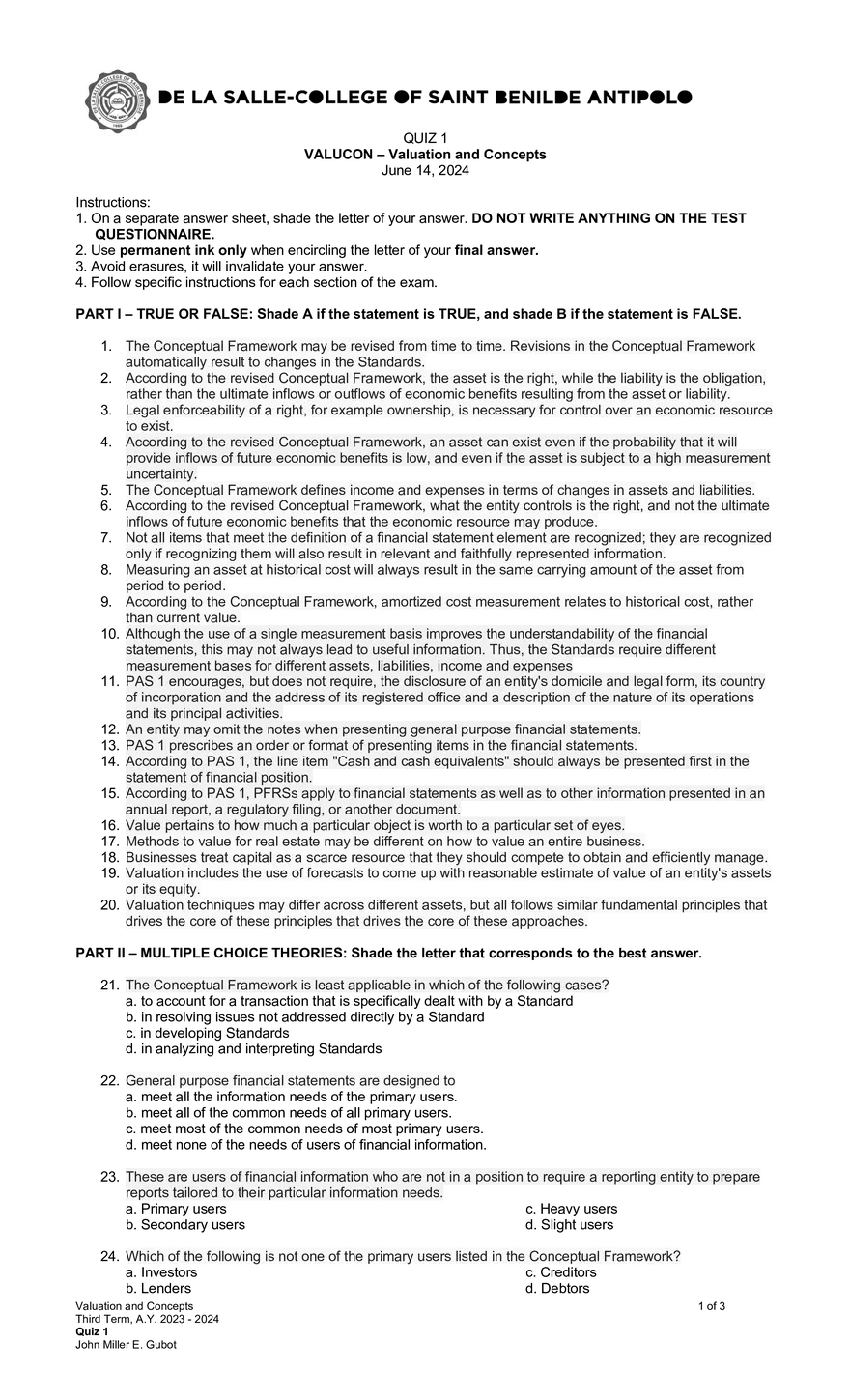 VALUCON – Valuation and Concepts - Quiz 1 - Page 1