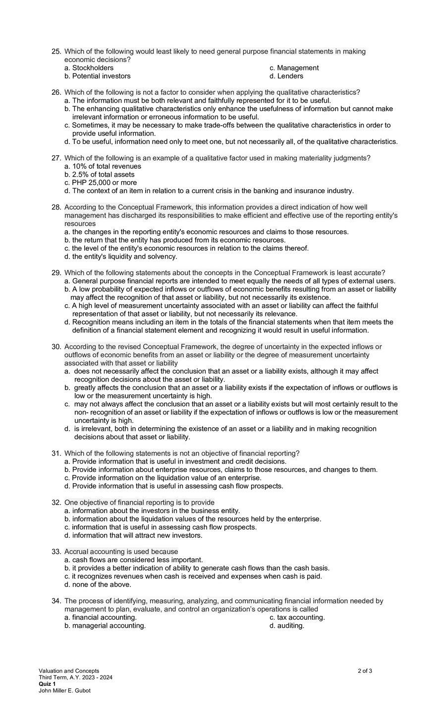 VALUCON – Valuation and Concepts - Quiz 1 - Page 2