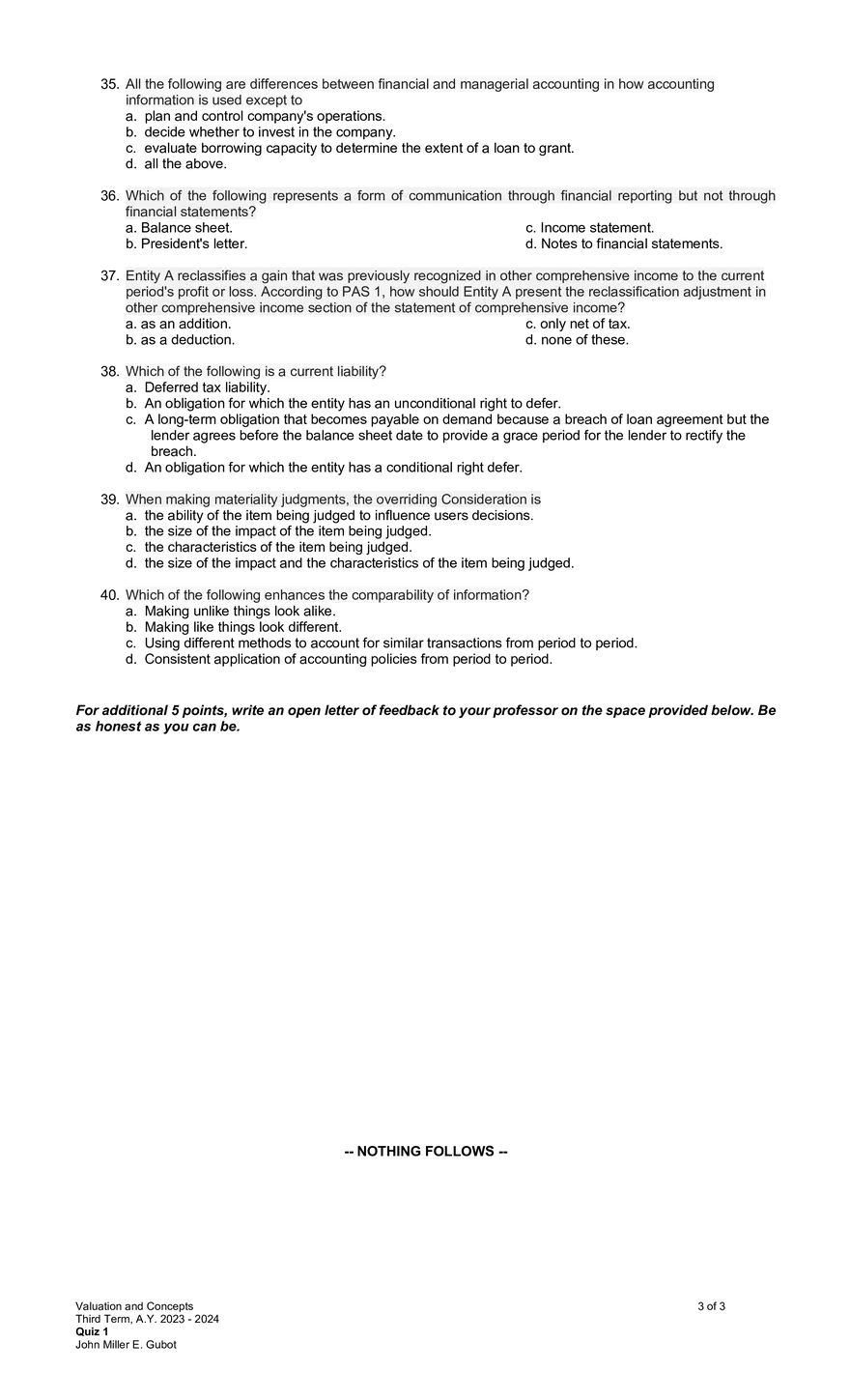 VALUCON – Valuation and Concepts - Quiz 1 - Page 3