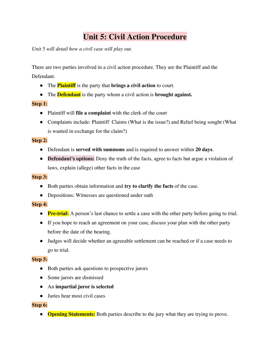 Business and American Law Unit 5 Civil Action Procedure - Page 1