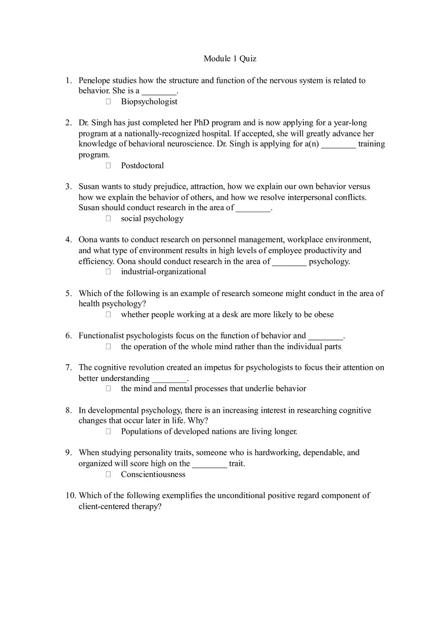 Psychology Module 1 Quiz - Page 1