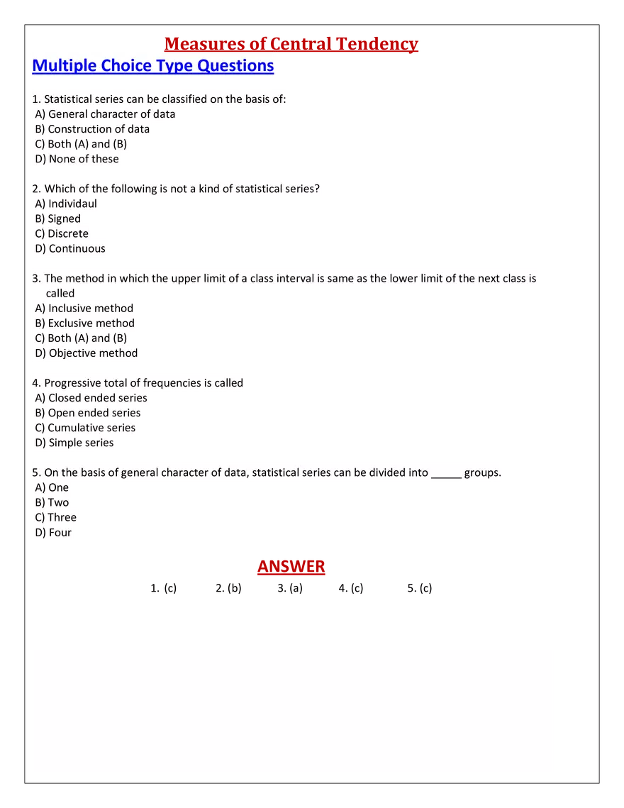 Measures of Central Tendency Multiple Choice - Page 1