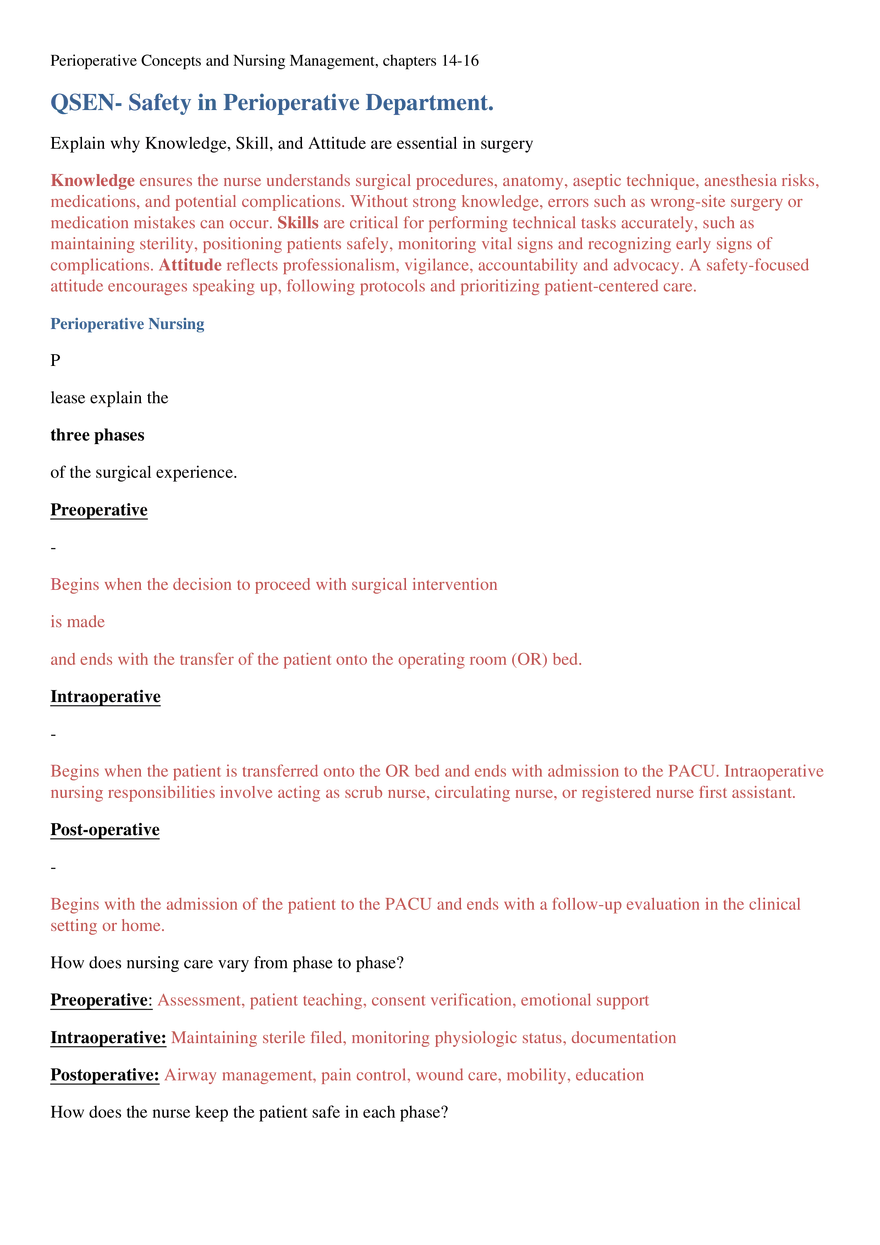 Perioperative Concepts and Nursing Management, Chapters 14-16 - Page 1
