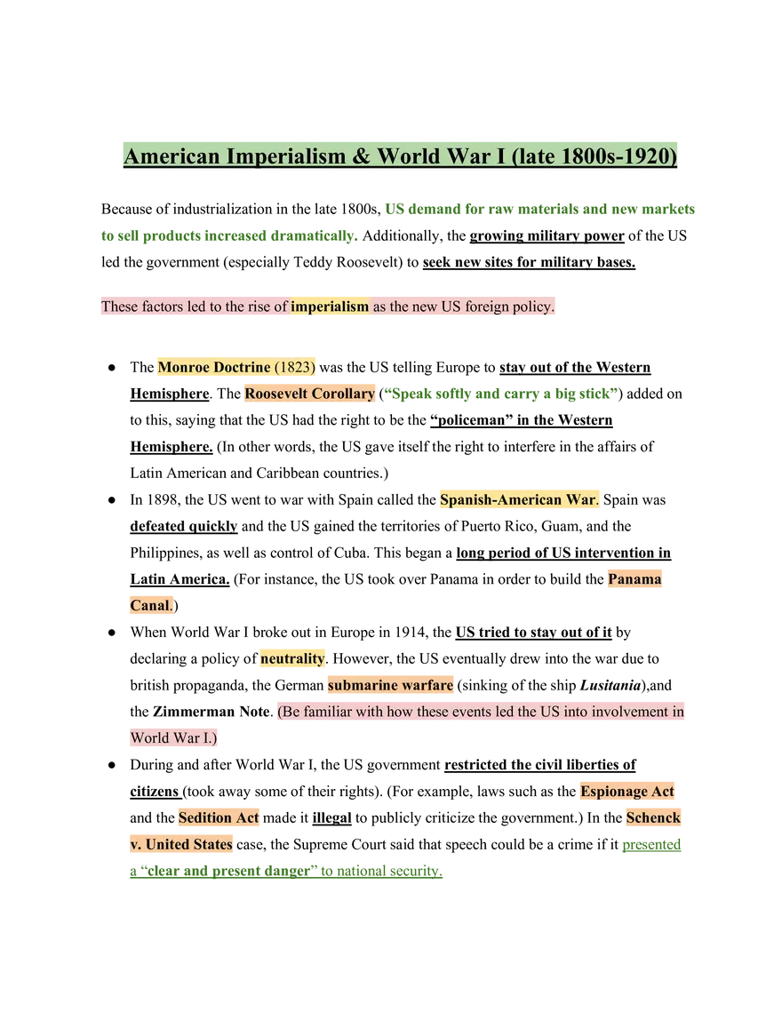 United States History American Imperialism & World War I (Late 1800s-1920) - Page 1