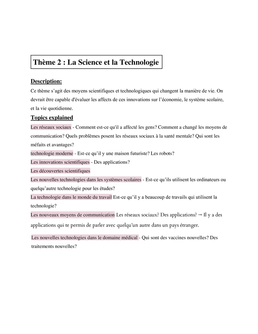 AP French Study Guide Thème 2  La Science et la Technologie - Page 1
