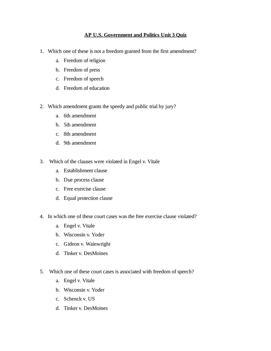 AP U.S. Government and Politics Unit 3 Quiz - Page 1