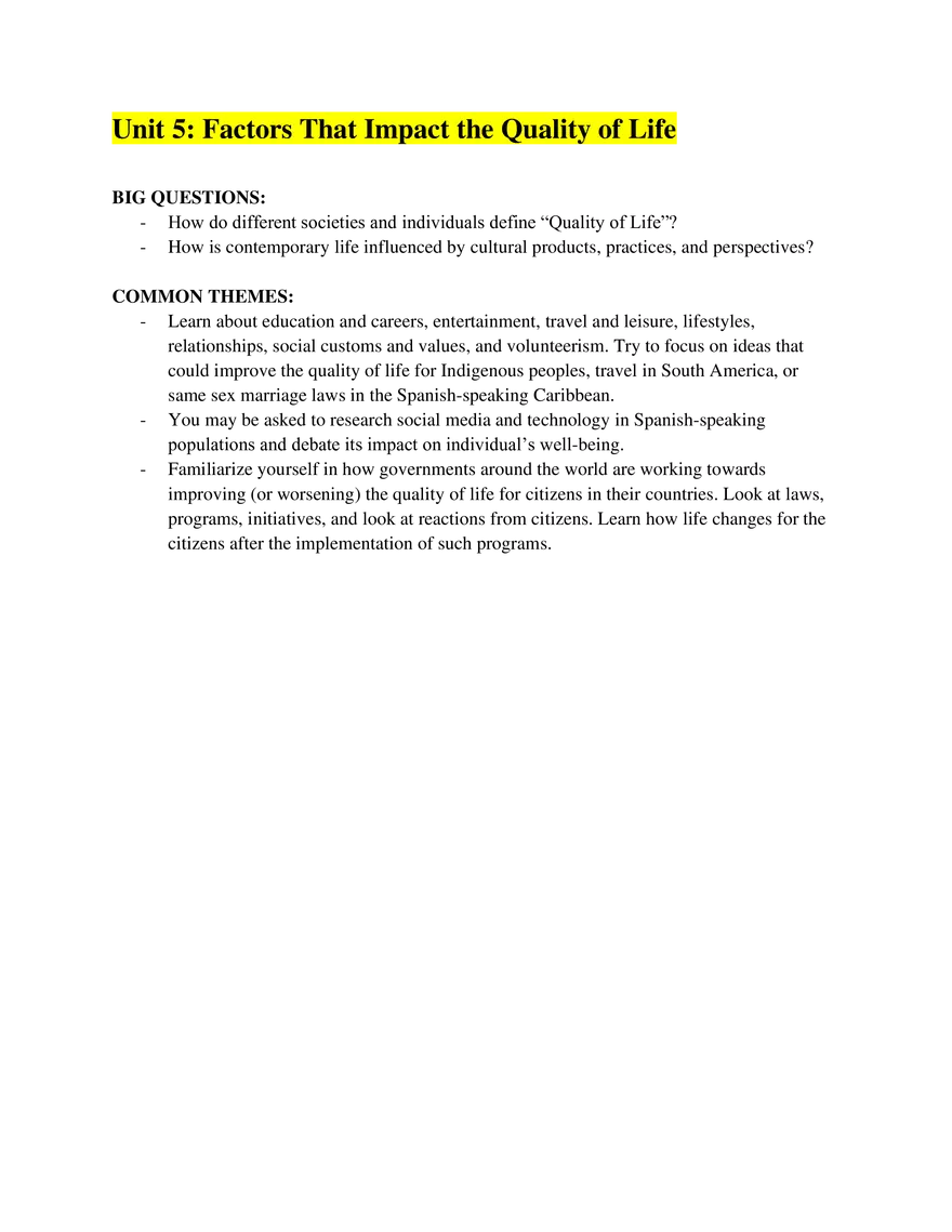 AP Spanish Language Unit 5 Factors That Impact the Quality of Life - Page 1