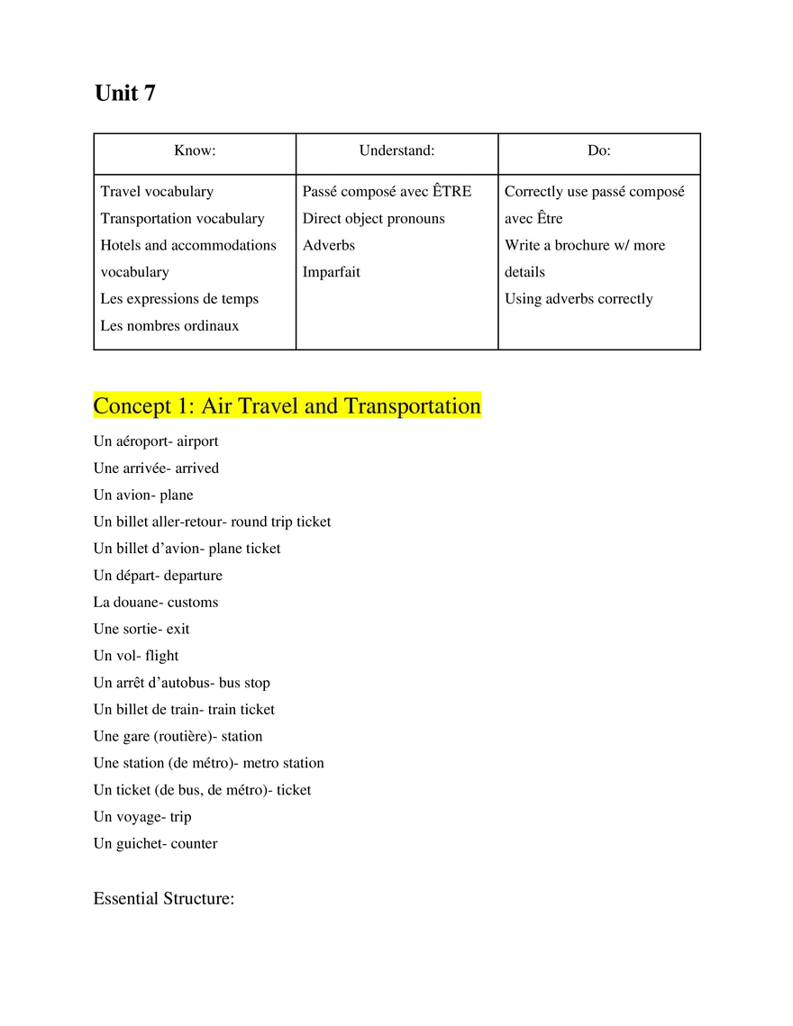 French 2 Study Guide Unit 7 - Page 1