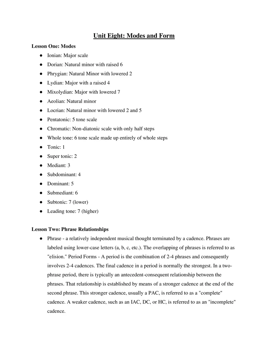AP Music Theory Unit 8 Modes and Form - Page 1
