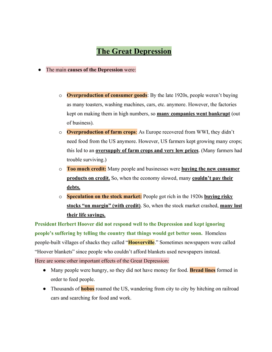 United States History The Great Depression - Page 1