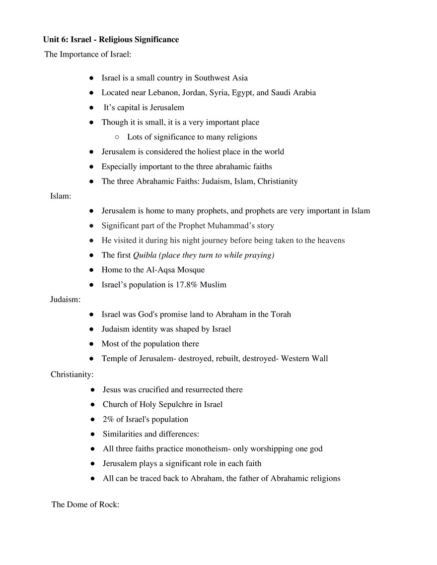 Global Cultures Unit 6 Israel - Religious Significance - Page 1