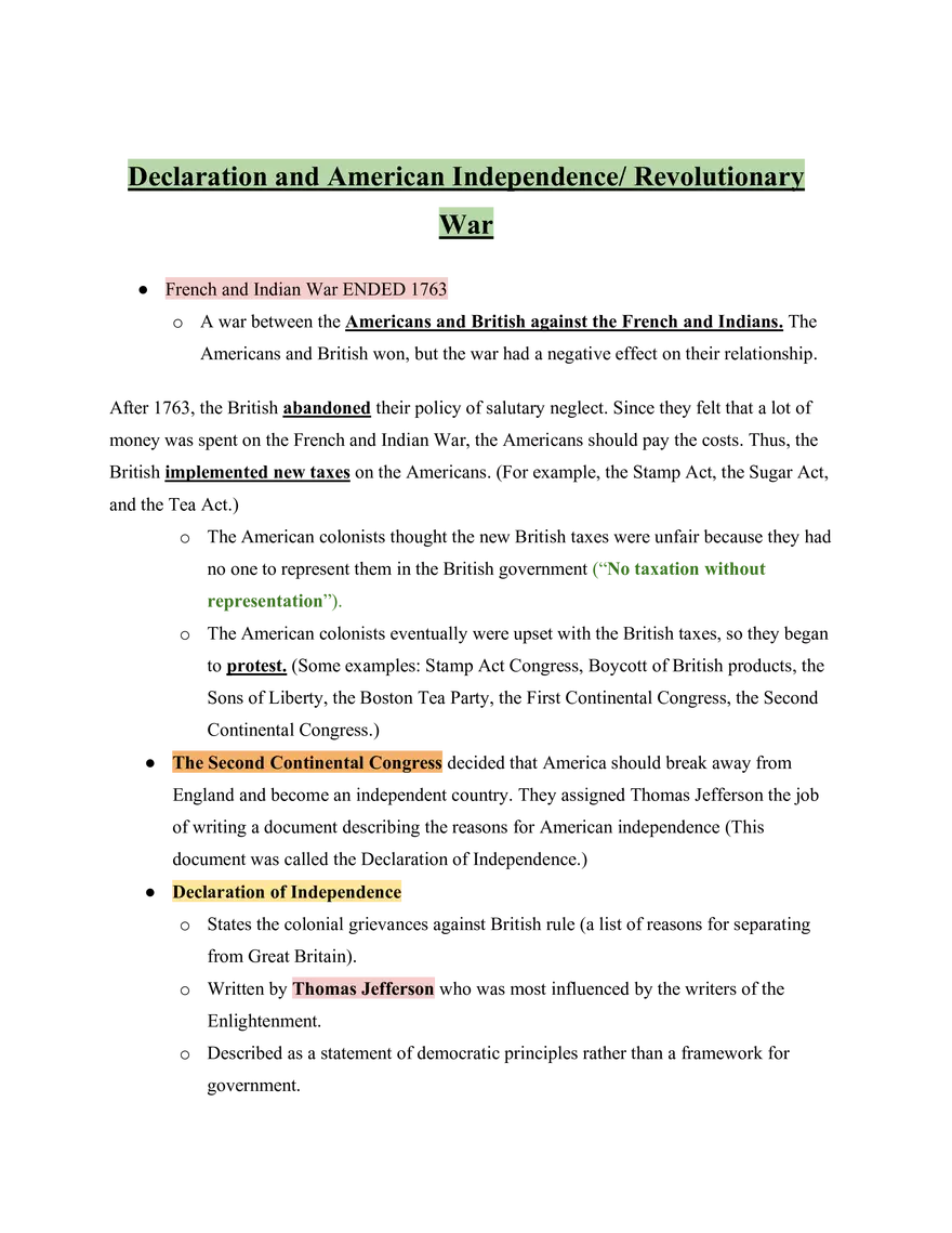 United States History Declaration and American Independence  Revolutionary War - Page 1