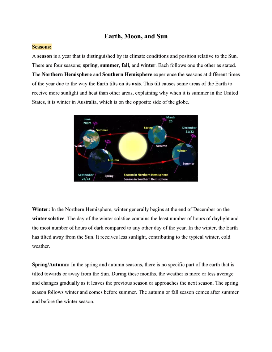 8th Grade Earth, Moon, and Sun - Page 1