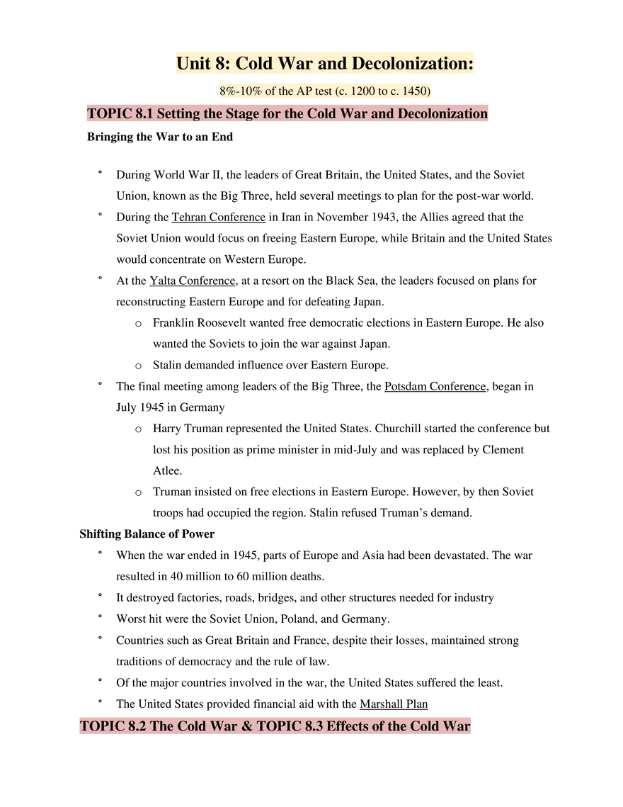 AP World History Unit 8 Cold War and Decolonization - Page 1