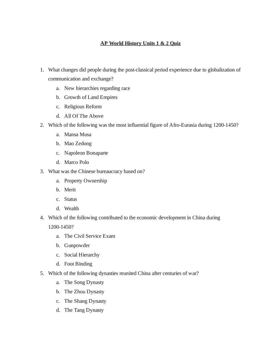 AP World History Units 1 & 2 Quiz - Page 1