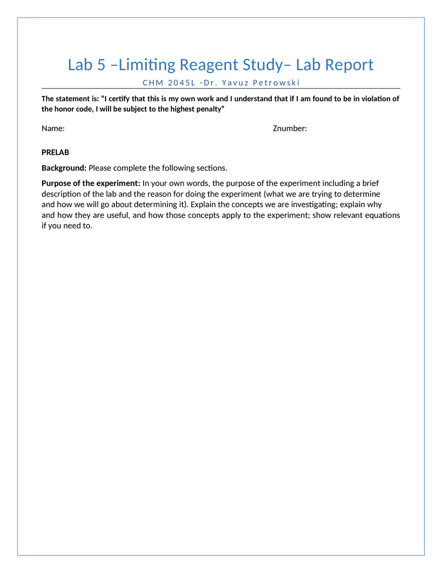 Lab 5 – Limiting Reagent Study – Lab Report - Page 1