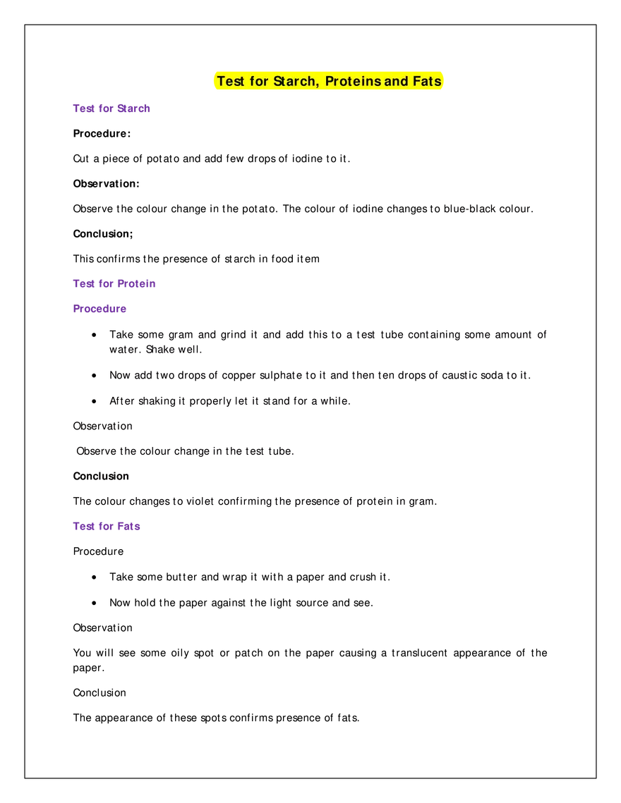 Test for Starch, Proteins and Fats - Page 1