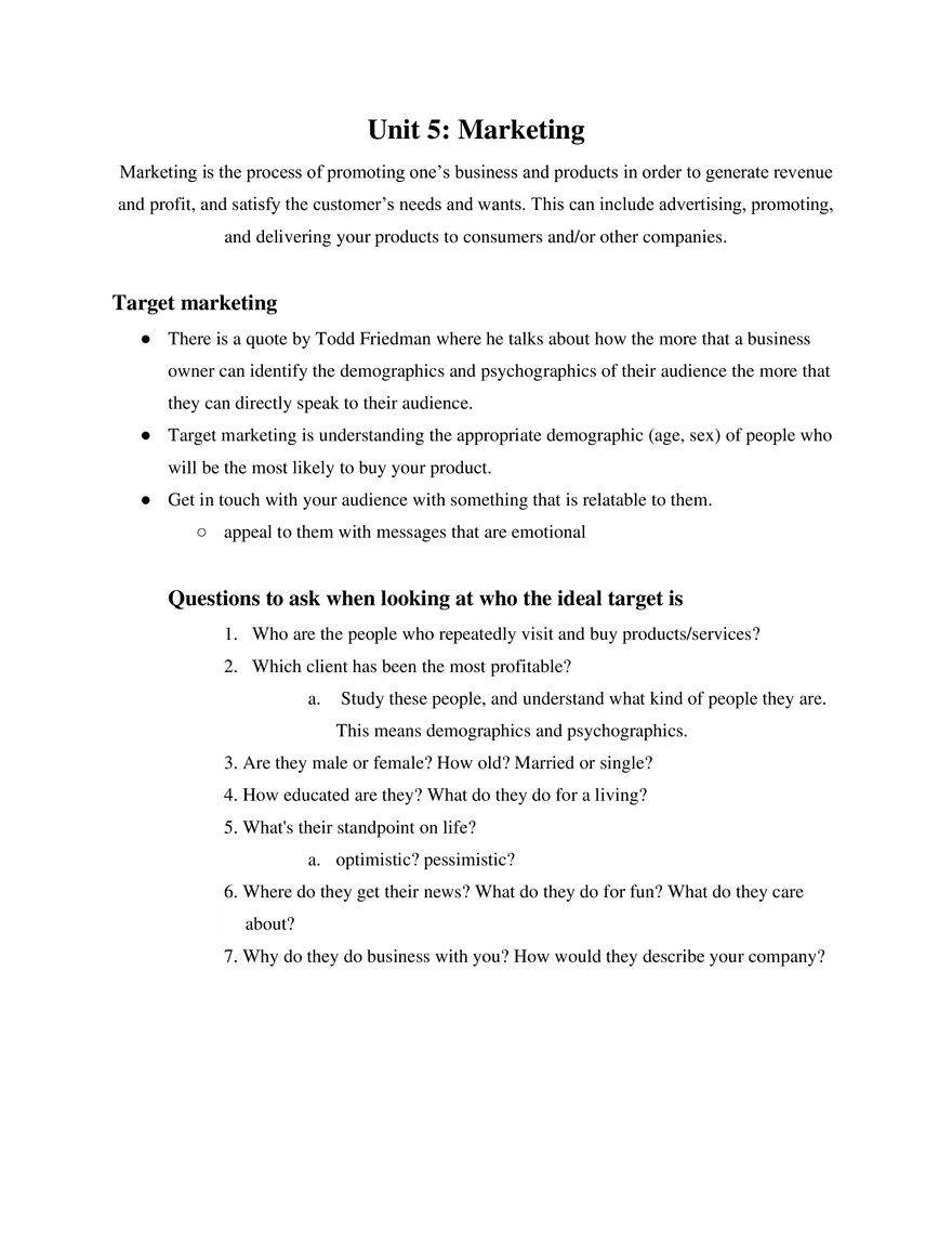 Intro to Business Unit 5 Marketing - Page 1