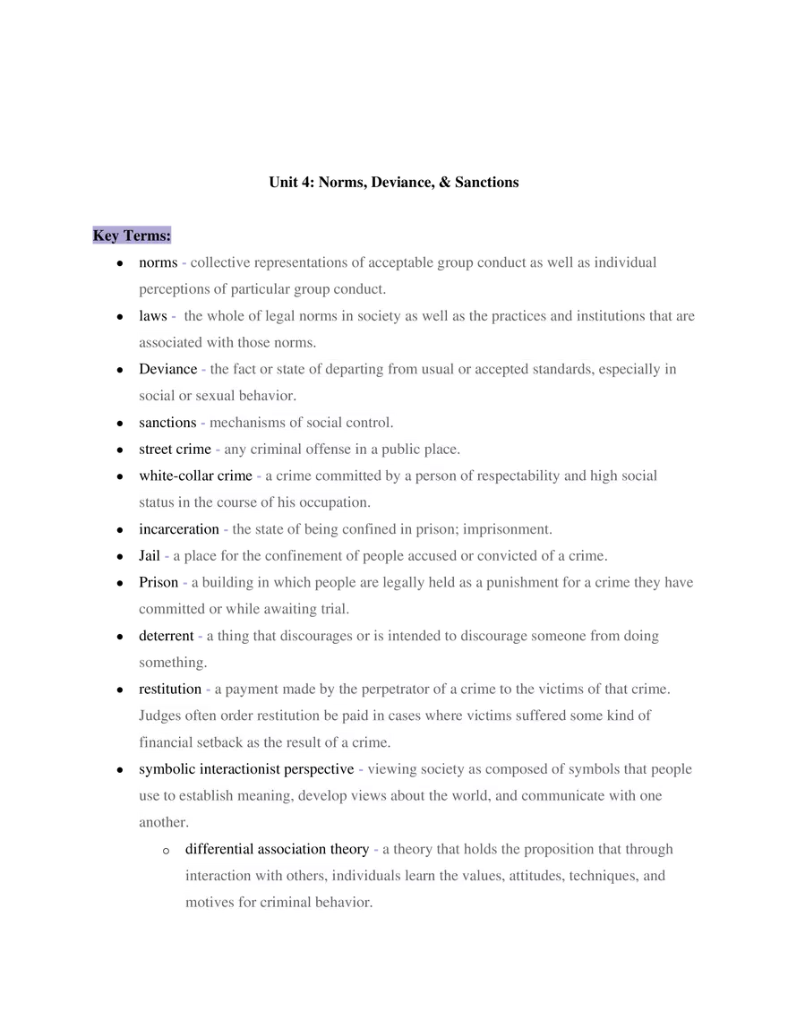 Sociology Unit 4 Norms, Deviance & Sanctions - Page 1