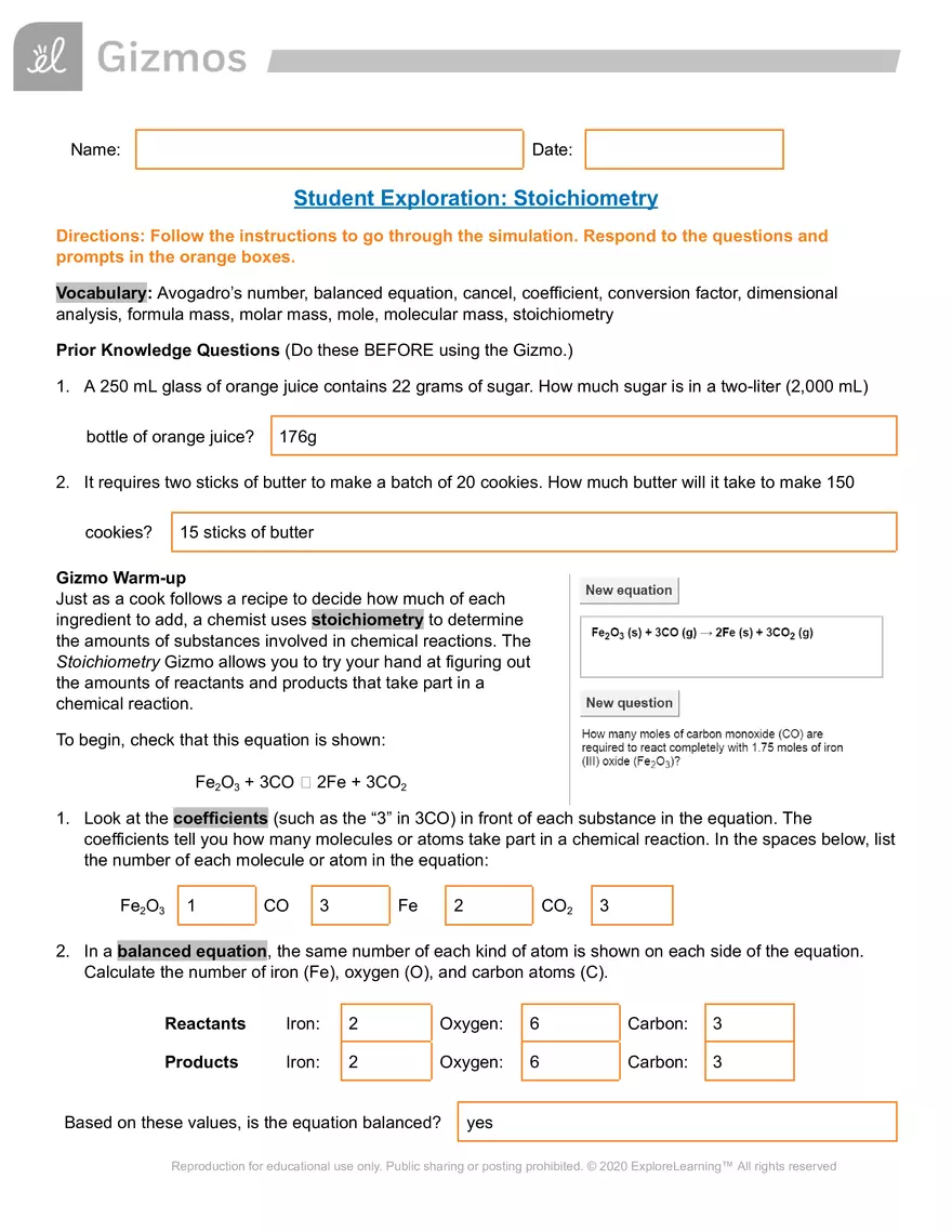 Stoichiometry Gizmo - Page 1