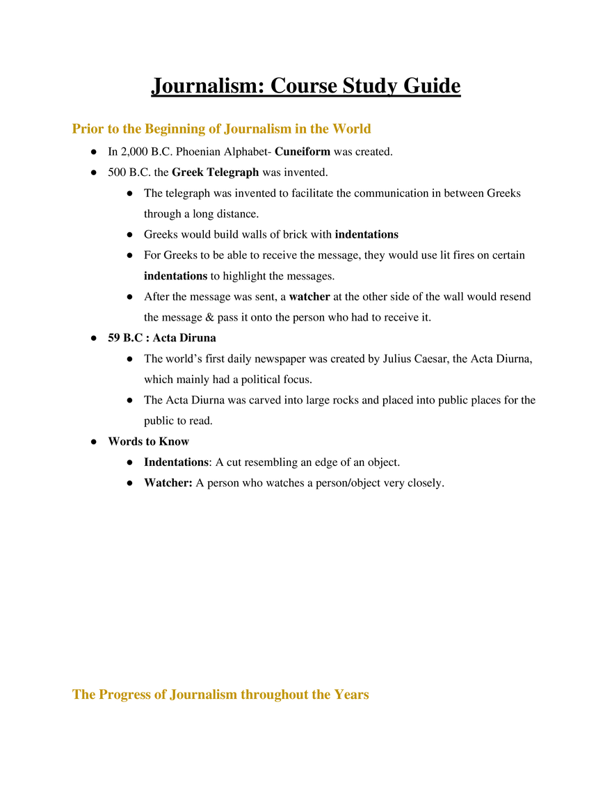 Journalism Course Study Guide - Page 1