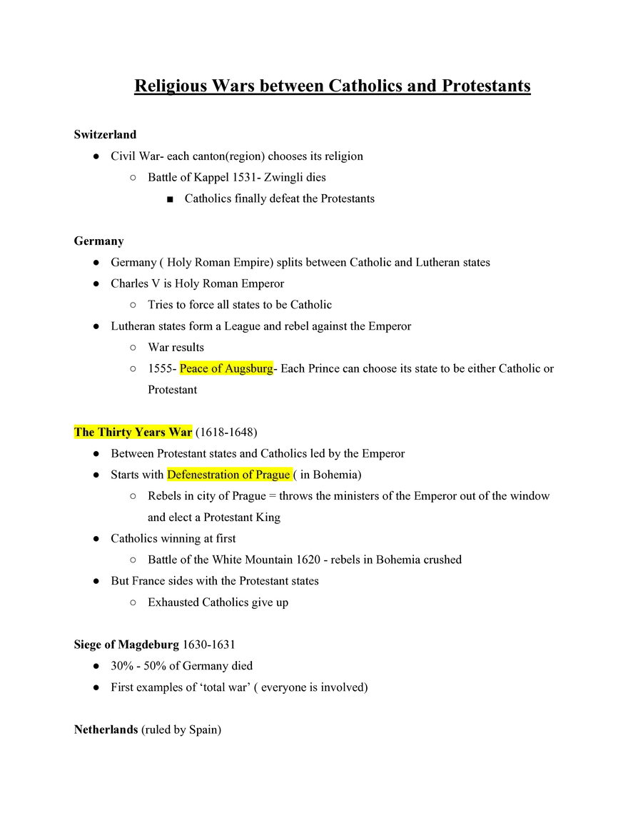 European History Religious Wars Between Catholics and Protestants - Page 1