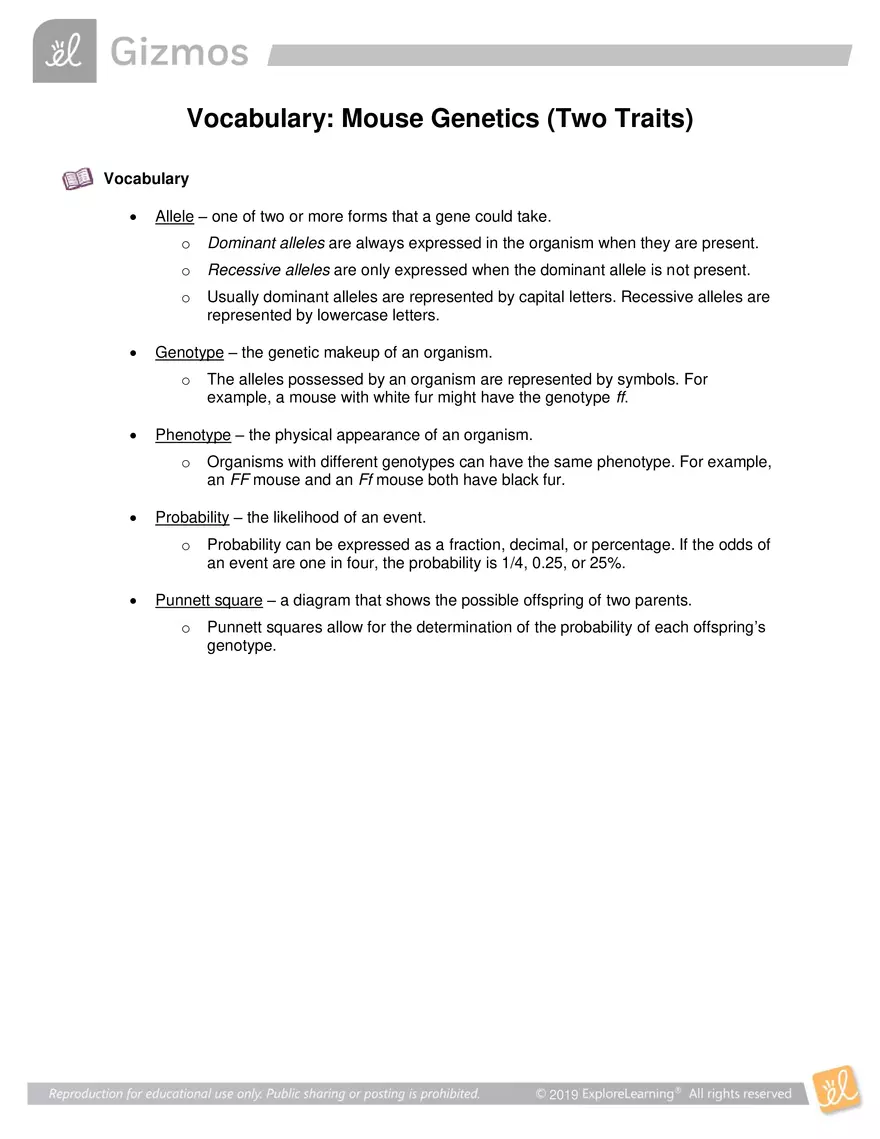 Vocabulary: Mouse Genetics (Two Traits) - Page 1