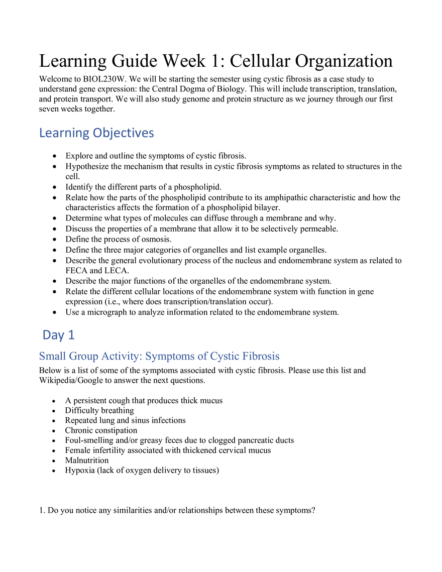 Learning Guide Week 1: Cellular Organization - Page 1