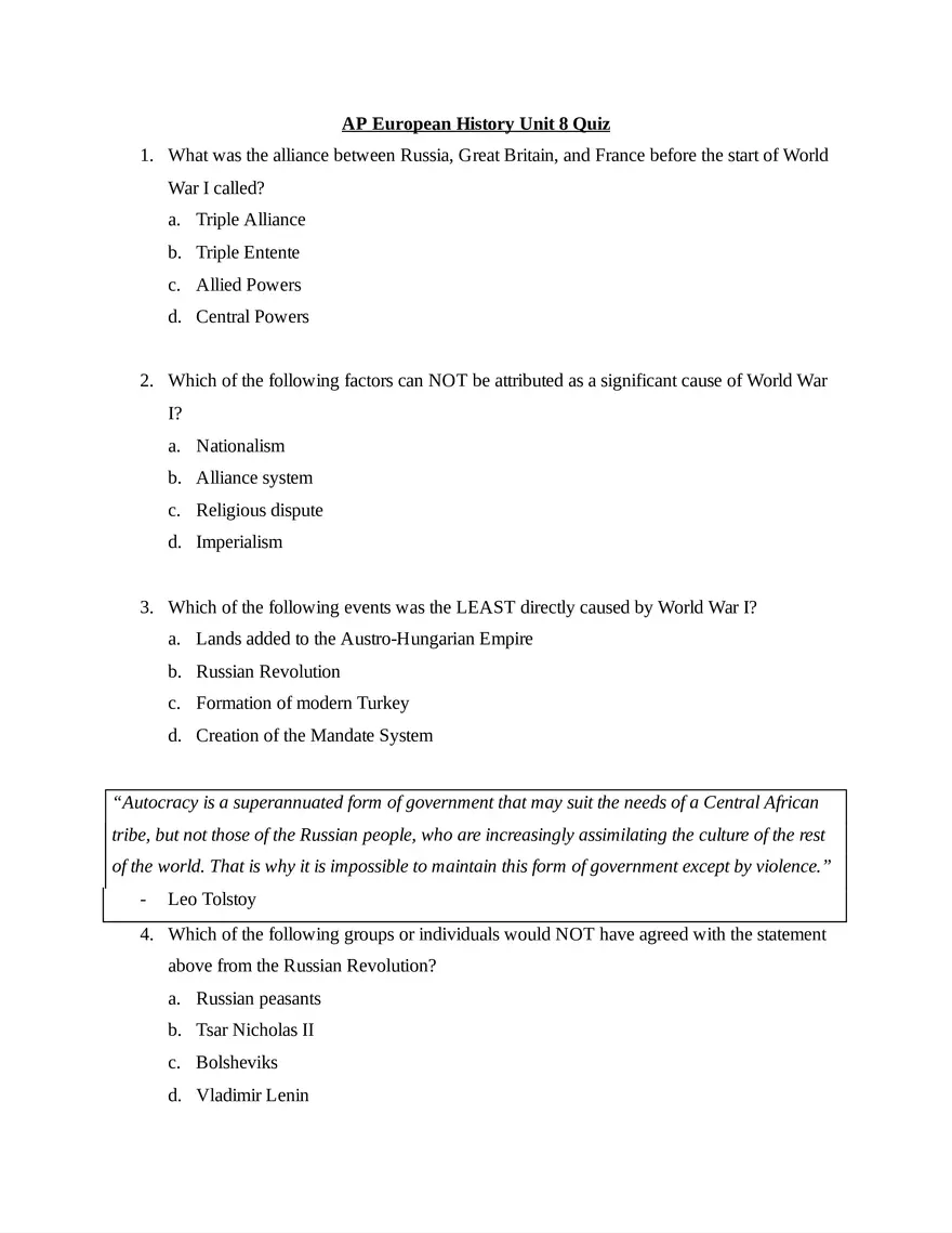 AP European History Unit 8 Quiz - Page 1