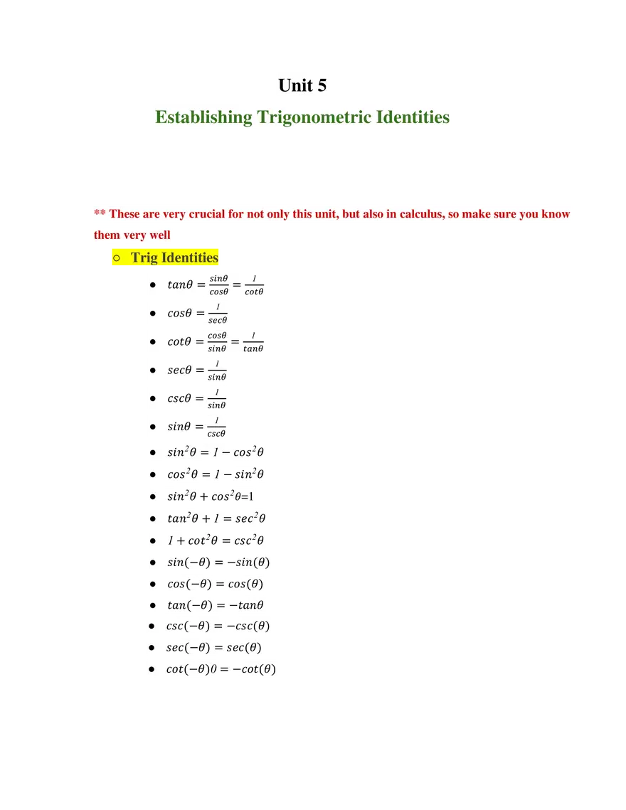 Unit 5 Establishing Trigonometric Identities - Page 1
