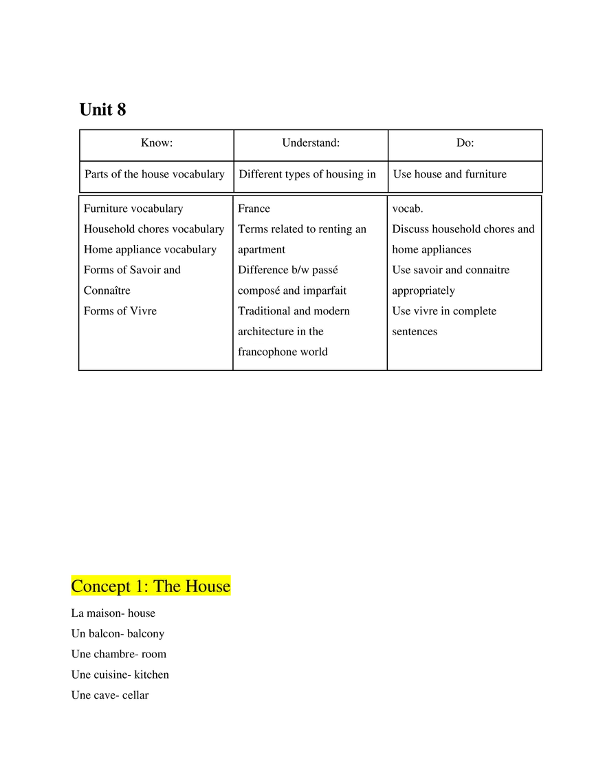 French 2 Study Guide Unit 8 - Page 1