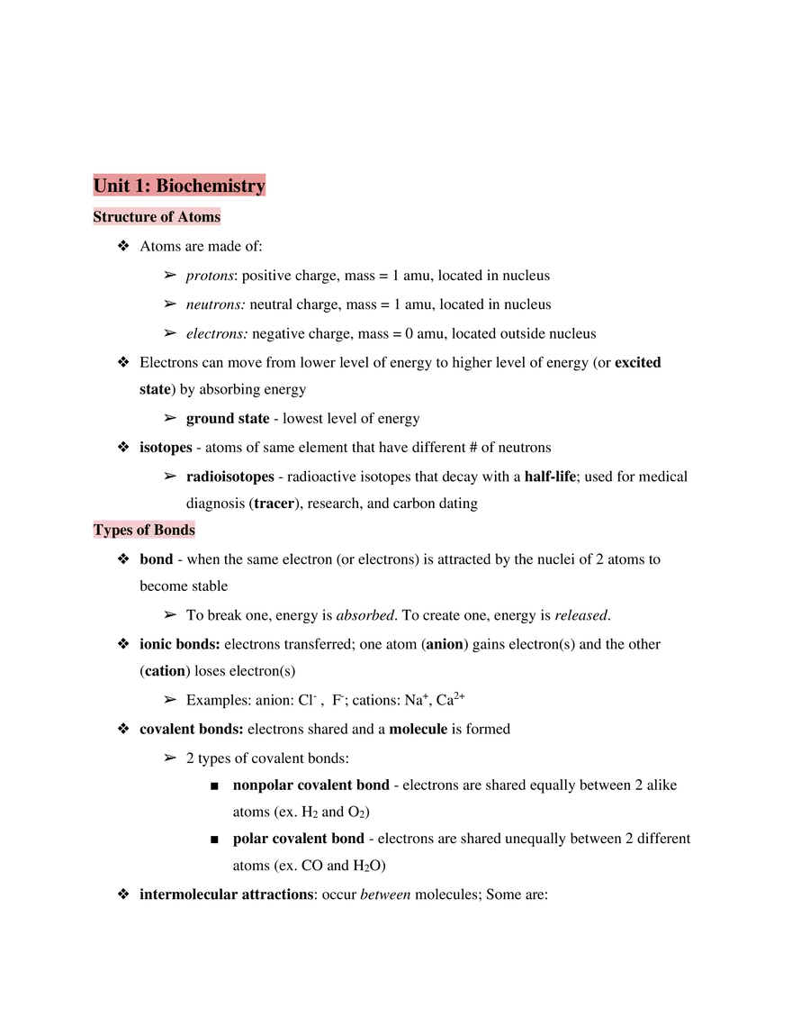 Test Guide Unit 1 Biochemistry - Page 1