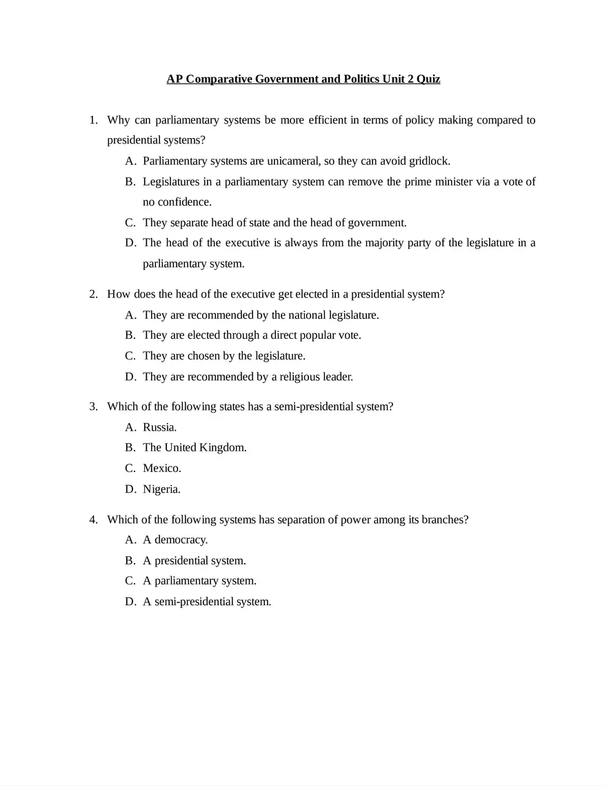 AP Comparative Government and Politics Unit 2 Quiz - Page 1