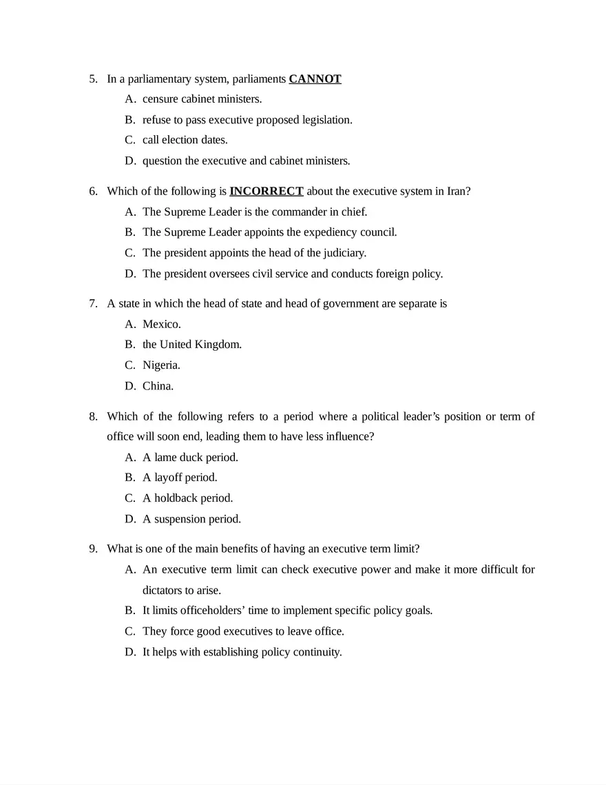 AP Comparative Government and Politics Unit 2 Quiz - Page 2