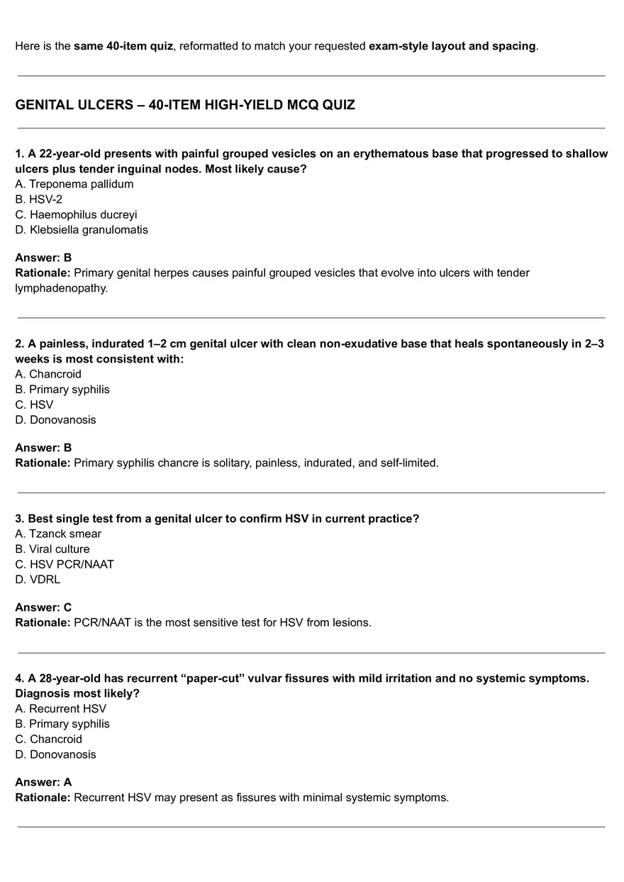Genital Ulcers - 40-item High-yield MCQ Quiz - Page 1