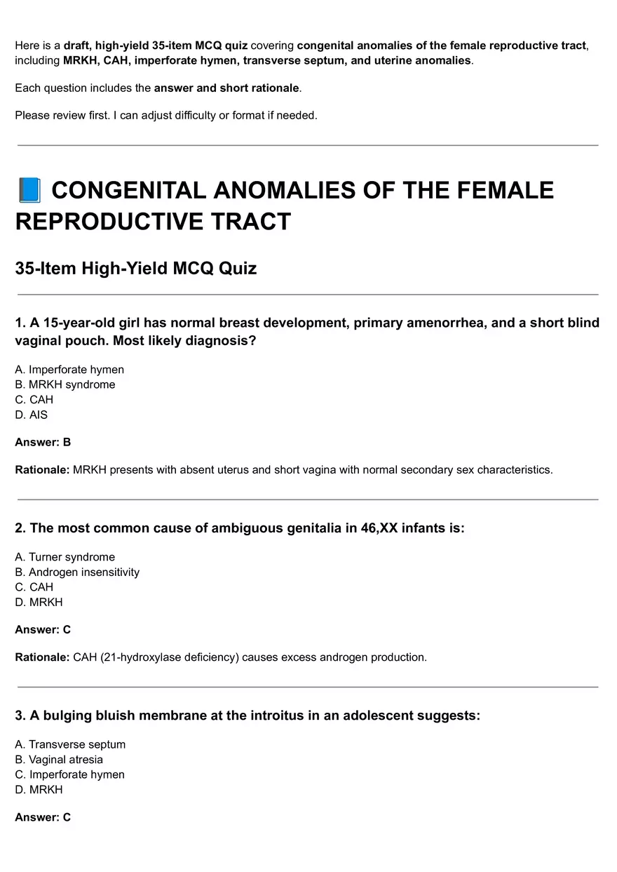 Congenital Anomalies Of The Female Reproductive Tract Quiz - Page 1