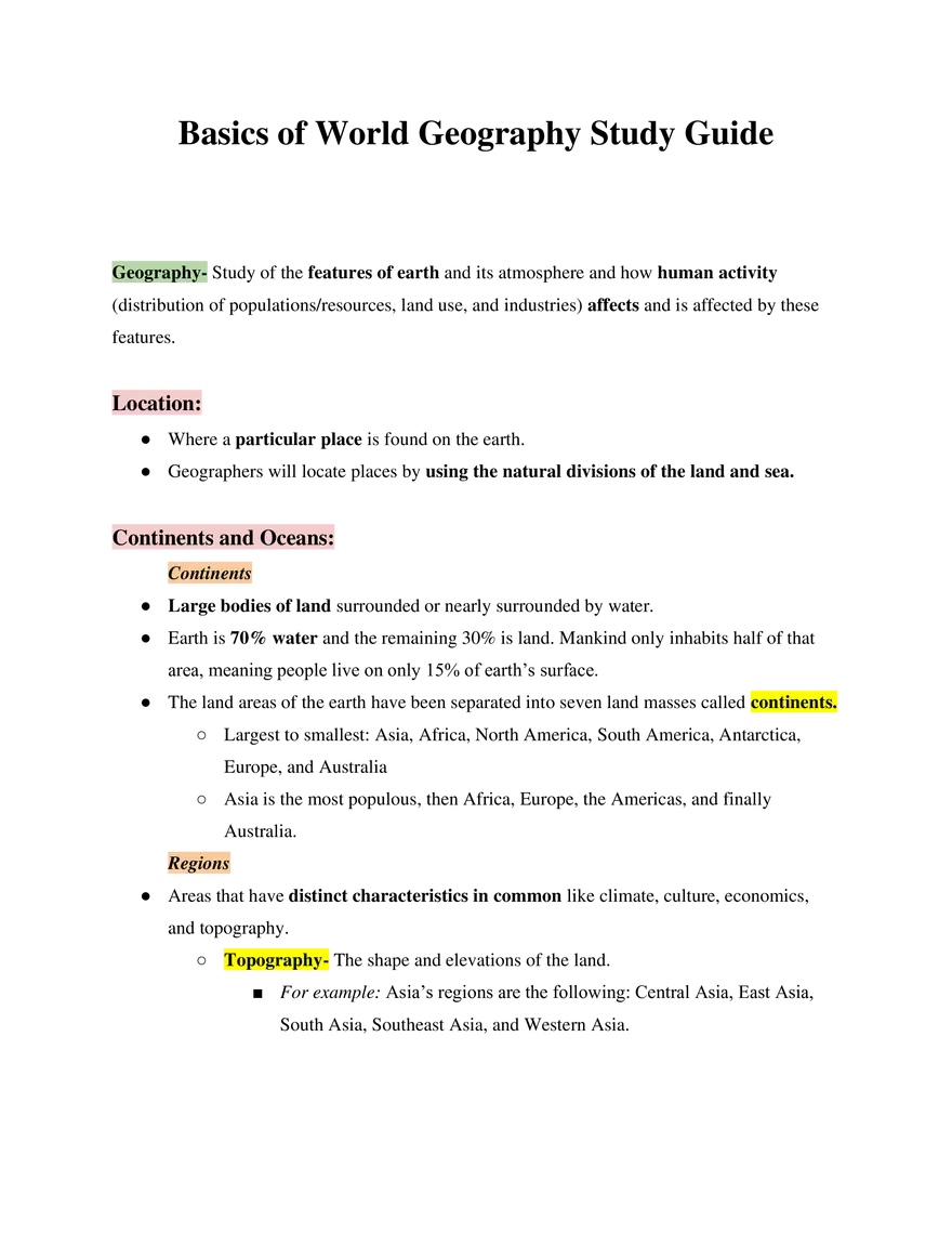 Basics of World Geography Study Guide - Page 1