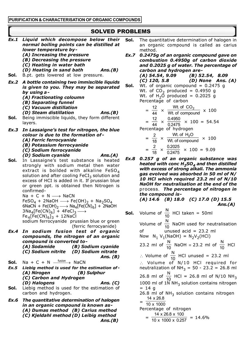 Purification & Characterisation of Organic Compounds Solved Problems - Page 1
