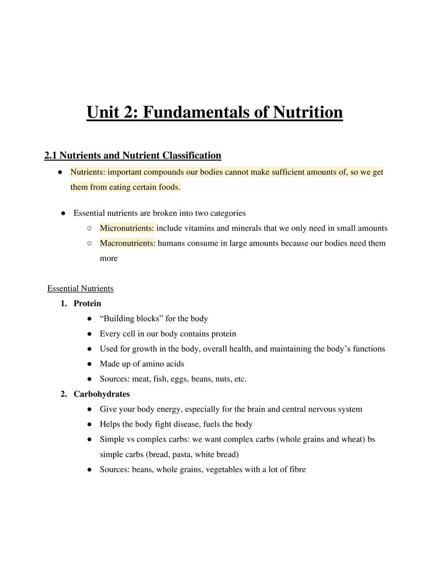 Food and Nutrition Unit 2 - Fundamentals of Nutrition - Page 1