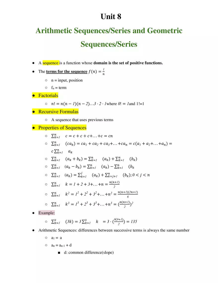 Unit 8 Arithmetic Sequences and Series and Geometric Sequences and Series - Page 1