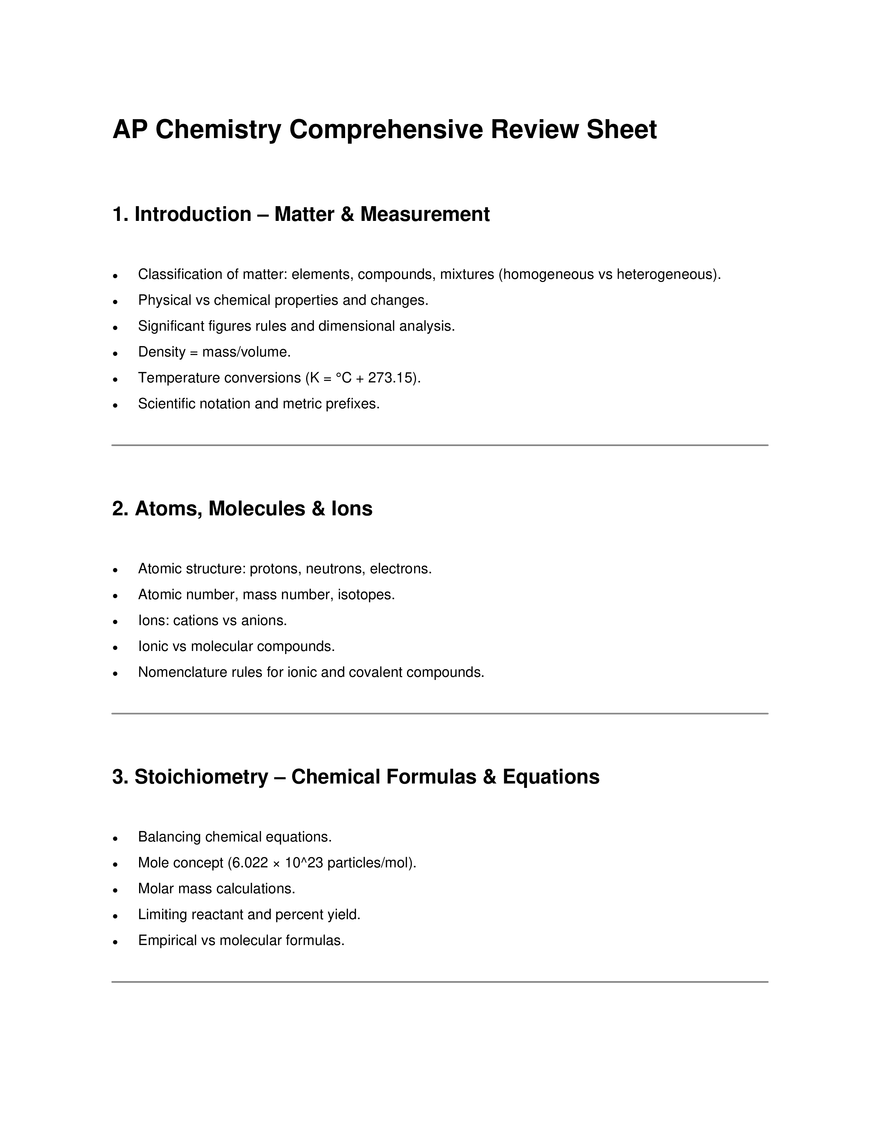 AP Chemistry Comprehensive Review Sheet - Page 1
