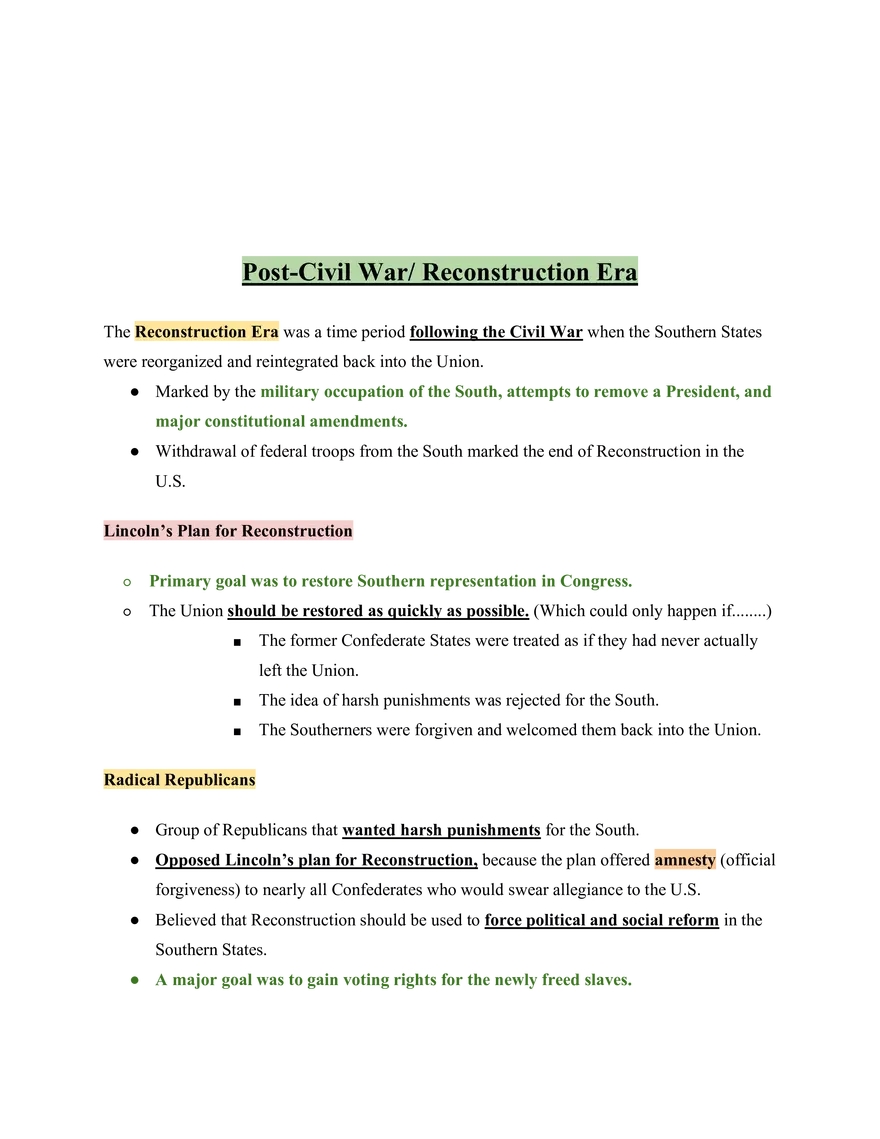 United States History Post-Civil War Reconstruction Era - Page 1