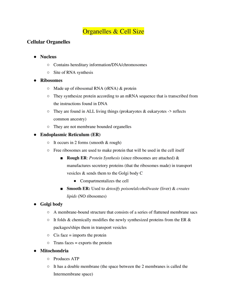 AP Biology Organelles & Cell Size - Page 1