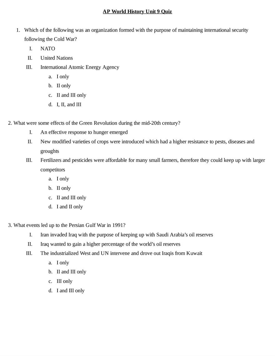 AP World History Unit 9 Quiz - Page 1