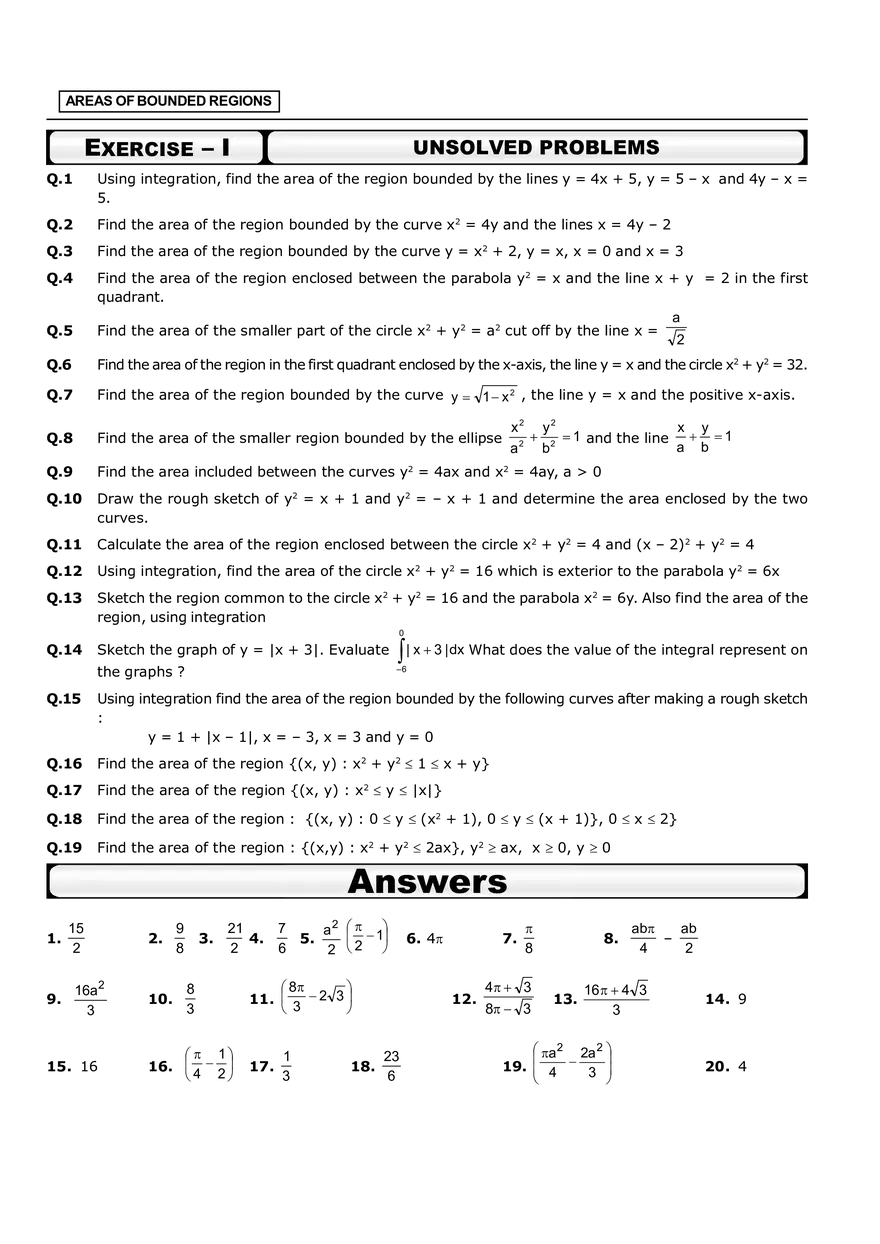 Areas of Bounded Regions Exercise - I - Page 1