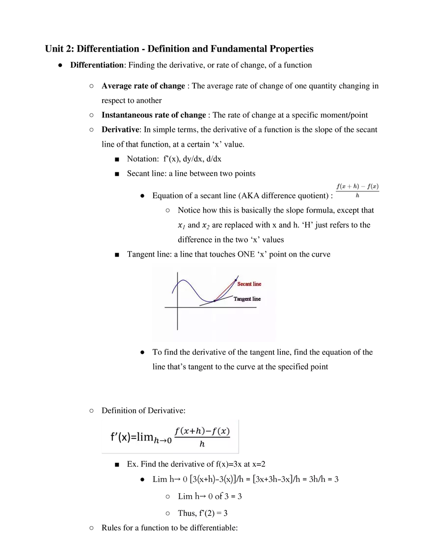 AP Calculus BC Unit 2 Differentiation-Definition and Fundamental Properties - Page 1