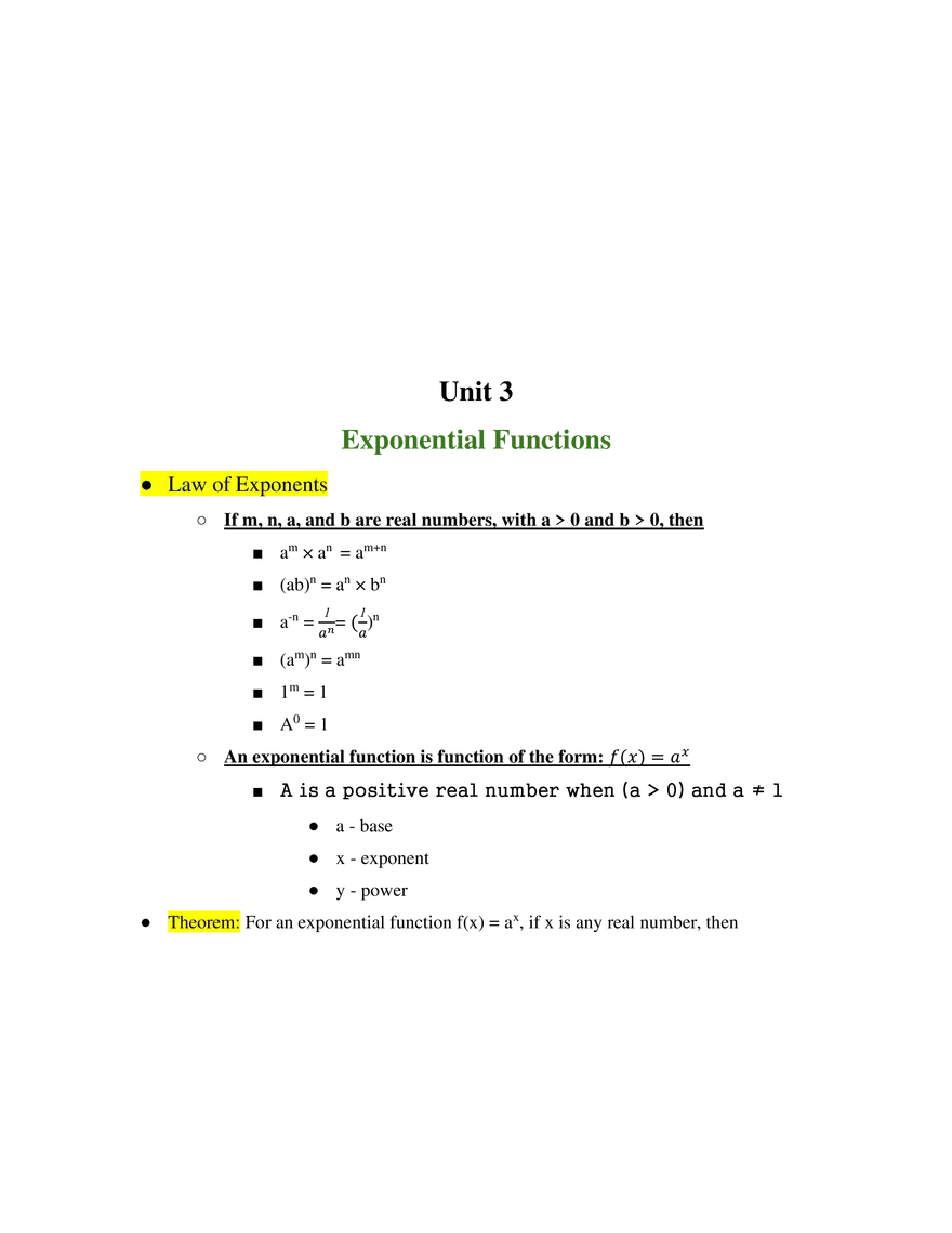 Unit 3 Exponential Functions - Page 1