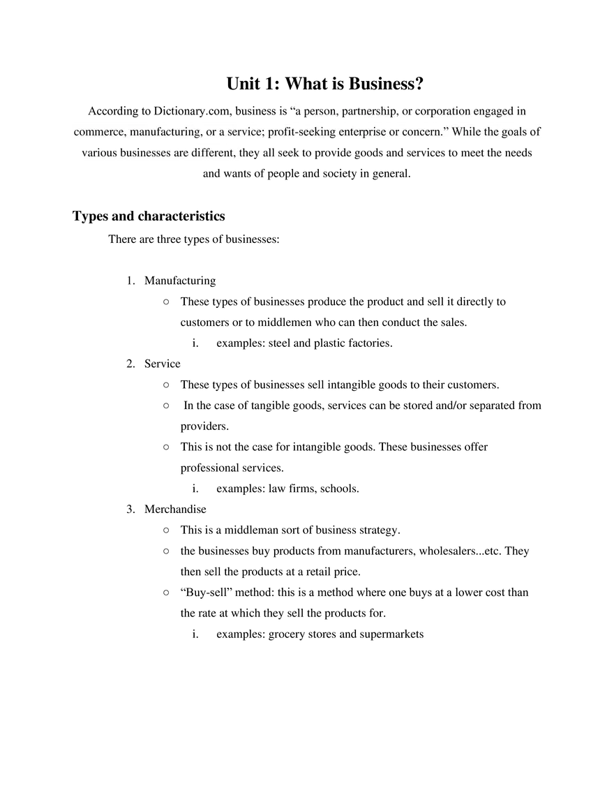 Intro to Business Unit 1 What is a Business - Page 1